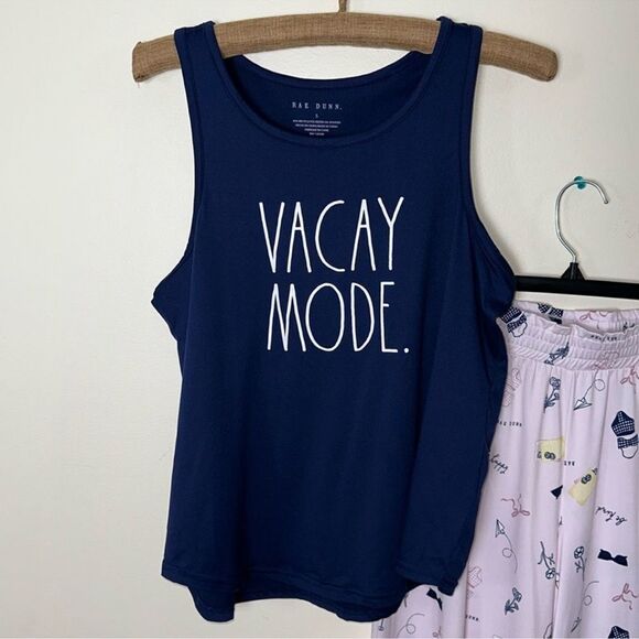 RAE DUNN. S NavyโPink Racer Back Tank Crop Wide Pants VACAY MODE. PJ Set - Picture 2 of 13